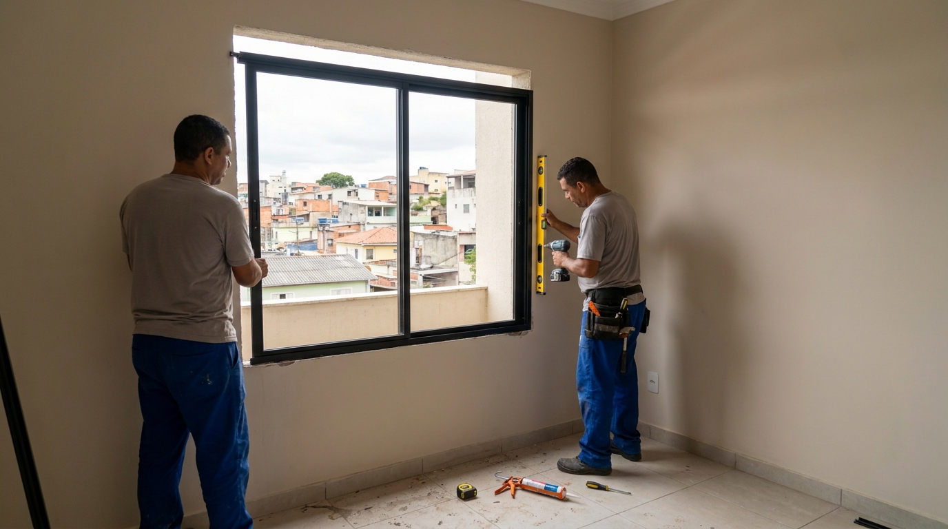 Esquadria de alumínio em quarto bege em Porto Alegre-RS