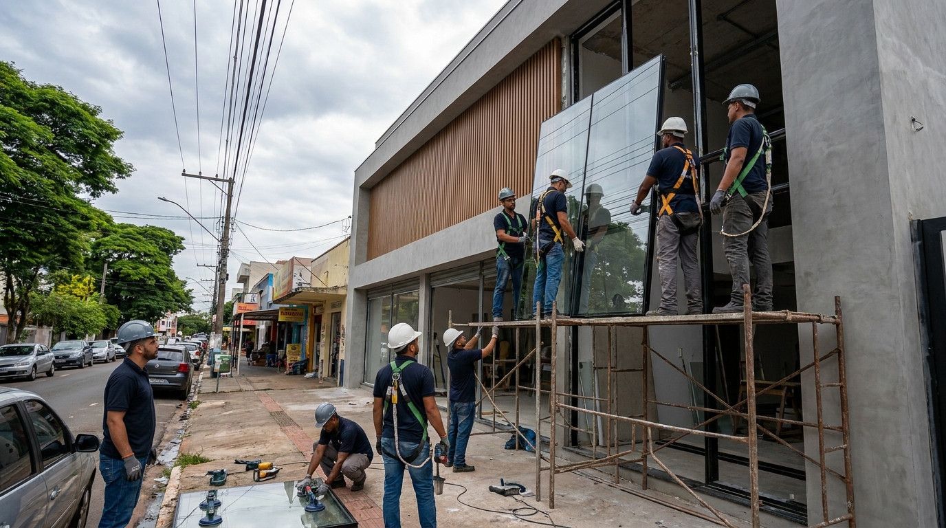 Fachada de vidro com andaime lateral em Porto Alegre-RS