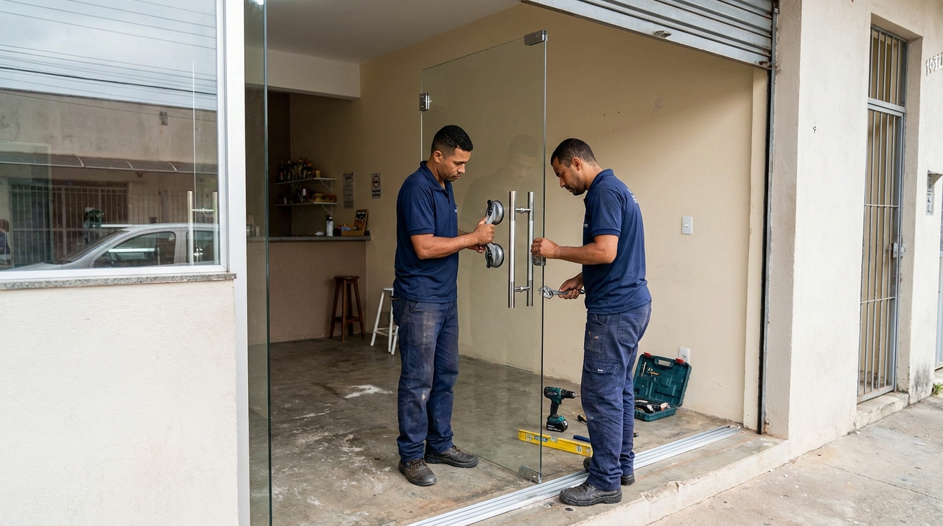 Dupla instalando porta de vidro em loja em Porto Alegre-RS